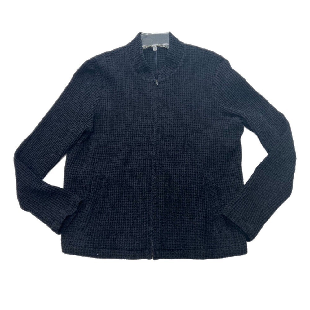 Eileen Fisher Waffle Knit Jacket LARGE Black Stretch LS Lyocell Organic Cotton